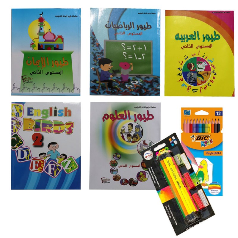 ⁦رزمة مكونة من خمس كتب الطيور للروضة المستوى الثاني بالاضافة الى دزينة اقلام رصاص والوان خشبية بيك⁩ - الصورة ⁦1⁩