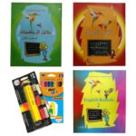 رزمة مكونة من ثلاث كتب البلابل للروضة المستوى الثاني بالاضافة الى دزينة اقلام رصاص والوان خشبية بيك