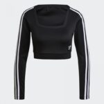 تيشيرت قصير بطباعة ثلاث خطوط مع أكمام طويلة من اديداس بلوزه رياضية للنساء لون أسود Adidas STUDIO LOUNGE RIBBED CROPPED LONG SLEEVE TEE
