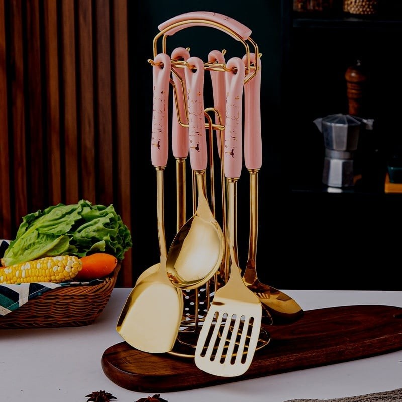 ⁦طقم 6 مغارف ذهبي يد ماربل مع ستاند⁩ - الصورة ⁦1⁩