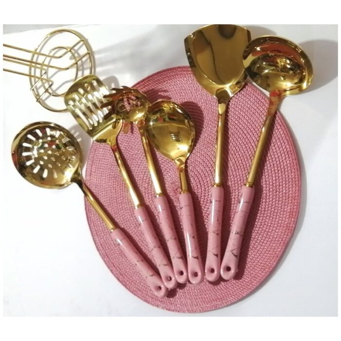 ⁦طقم 6 مغارف ذهبي يد ماربل مع ستاند⁩ - الصورة ⁦2⁩