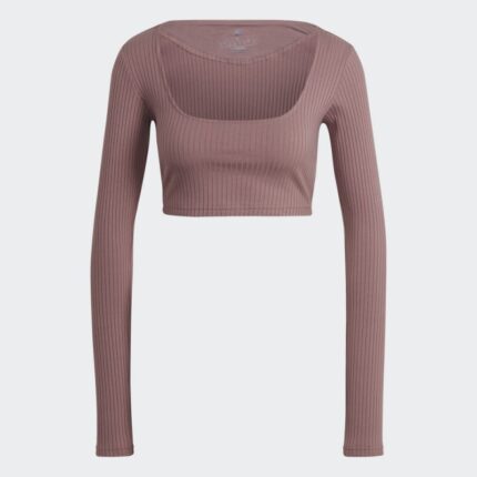 تيشيرت قصير بشعار الماركة مع أكمام طويلة من اديداس بلوزه رياضية للنساء لون زهري Adidas STUDIO LOUNGE RIBBED CROPPED LONG SLEEVE TEE