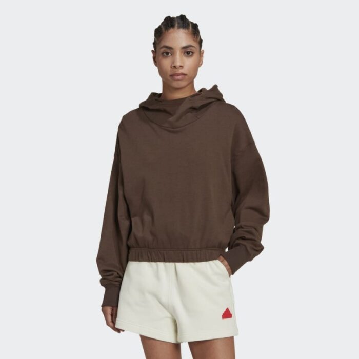 ⁦adidas Women' Studio Lounge Cropped Hoodie - Brown-هودي اديداس استديو لونج كروبيد للنساء لون بني⁩ - الصورة ⁦3⁩