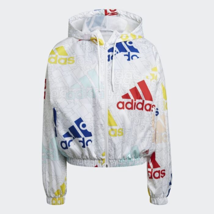 ⁦adidas Essentials Multi-Colored Logo Loose Fit Windbreaker - White⁩ - الصورة ⁦2⁩