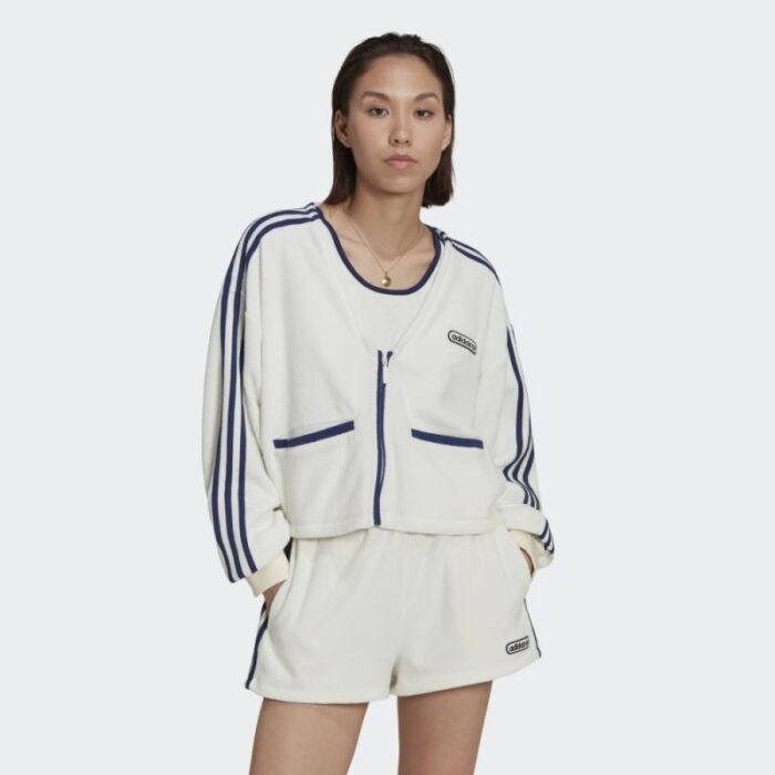 ⁦adidas Womens' Crop Towel Terry Cardigan - White- سويت شيرت اديداس كروب تويل للنساء لون أبيض⁩ - الصورة ⁦4⁩
