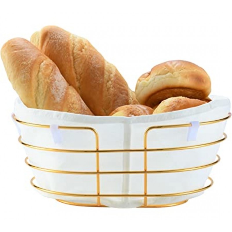 ⁦سلة خبز وديكور بيضاوي ذهبي مع قماش أبيض⁩ - الصورة ⁦1⁩