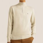 بلوزة شبابية من تومي هيلفيجر صوف ناعم DMC نصف سحاب قبة جولف لون بيج