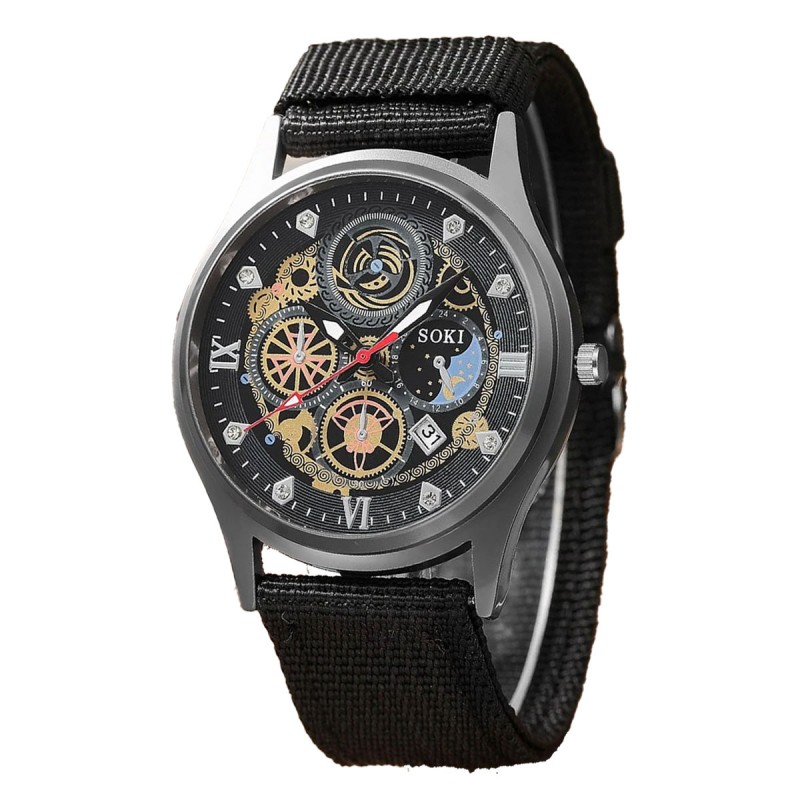 ⁦ساعة يد مسننات ملونة للجنسين حزام قماش لون أسود⁩ - الصورة ⁦1⁩