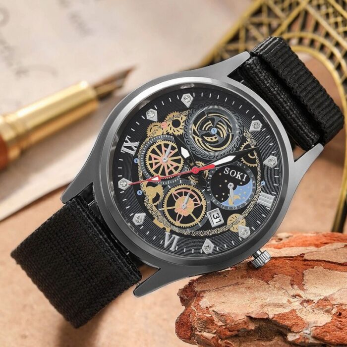 ⁦ساعة يد مسننات ملونة للجنسين حزام قماش لون أسود⁩ - الصورة ⁦2⁩