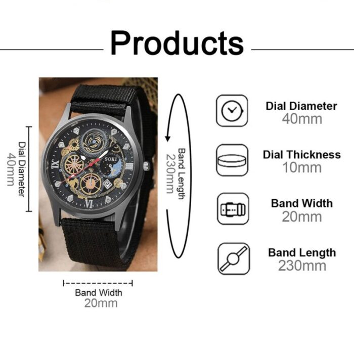 ⁦ساعة يد مسننات ملونة للجنسين حزام قماش لون أسود⁩ - الصورة ⁦5⁩