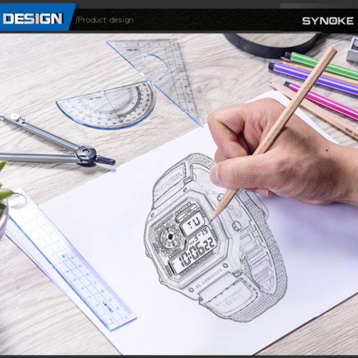 ⁦Men's Sport Waterproof Retro Digital Watch  - ساعة يد رقمية بثلاث شاشات جلد مطاط لون أسود⁩ - الصورة ⁦7⁩