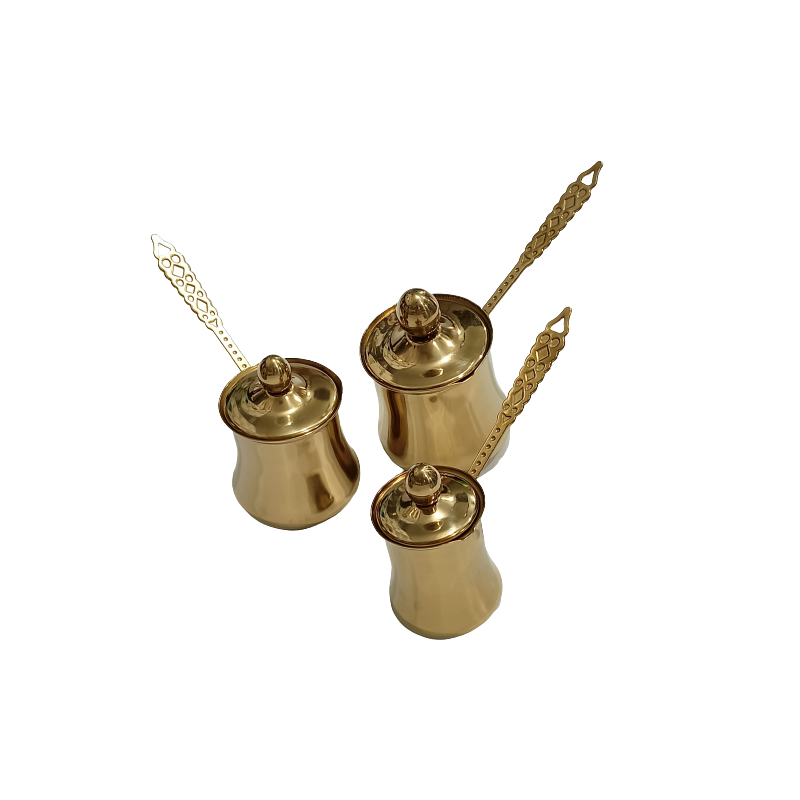 ⁦طقم ثلاث بكارج قهوة ثقيلة ذهبي مع غطاء⁩ - الصورة ⁦1⁩