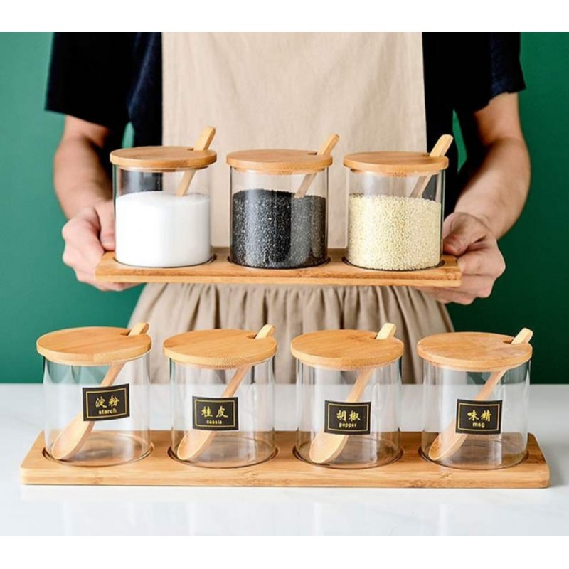 ⁦طقم سكريات اربع قطع مع ستاند خشب ومعالق خشب⁩ - الصورة ⁦1⁩