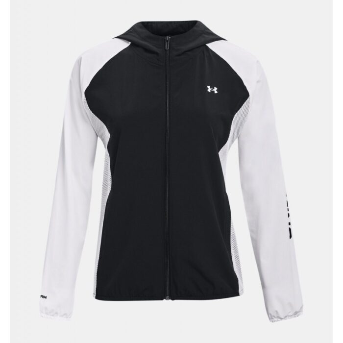 ⁦Under Armour Women's Woven Mesh Full-Zip Jacket- سترة أندر آرمر ووفن مش فل زيب للنساء لون أسود ورمادي⁩ - الصورة ⁦6⁩