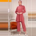 طقم ستاتي طويل قطعتين لون زهري