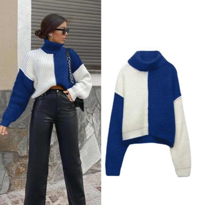 ⁦بلوزة ستاتية صوف لون أزرق وأبيض⁩ - الصورة ⁦3⁩