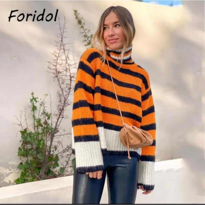 ⁦بلوزة ستاتية صوف تقيل لون أسود وبرتقالي⁩ - الصورة ⁦4⁩