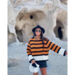 ⁦بلوزة ستاتية صوف تقيل لون أسود وبرتقالي⁩ - الصورة ⁦5⁩