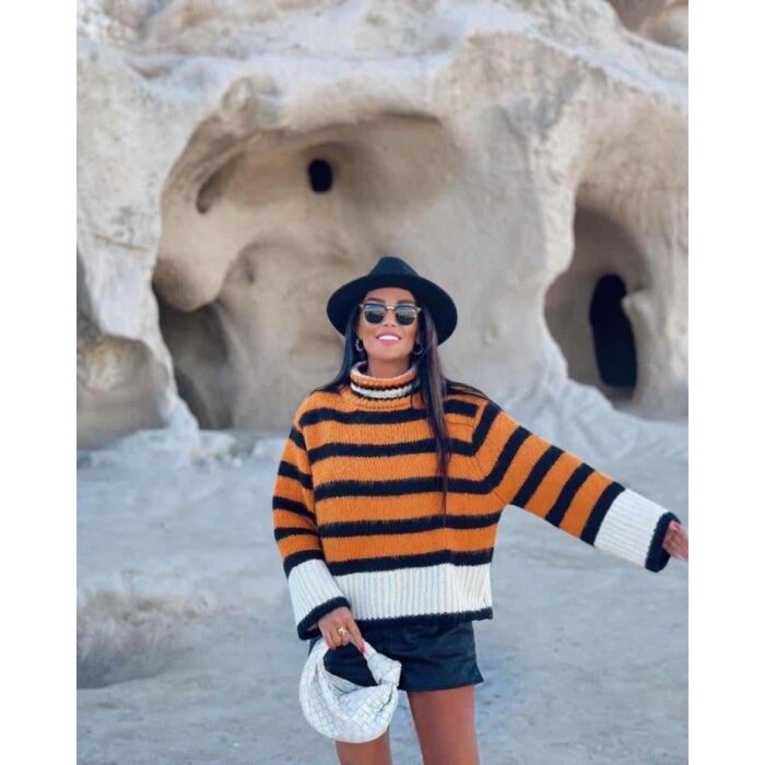 ⁦بلوزة ستاتية صوف تقيل لون أسود وبرتقالي⁩ - الصورة ⁦5⁩