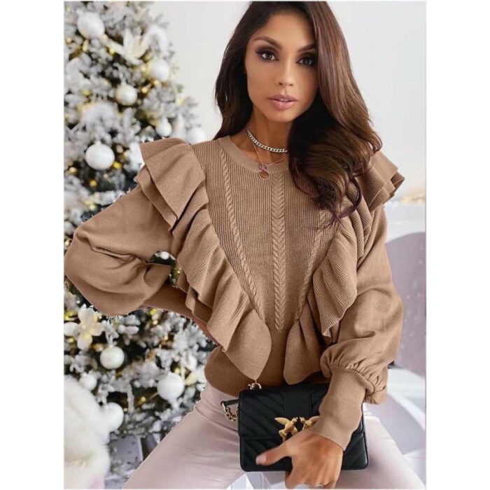 ⁦بلوزة ستاتية صوف خفيف لون بني⁩ - الصورة ⁦2⁩