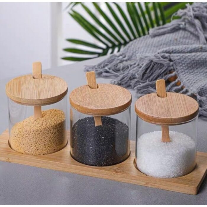 ⁦طقم 3 مطربانات زجاج مع قاعدة وغطي بامبو و معالق⁩ - الصورة ⁦4⁩