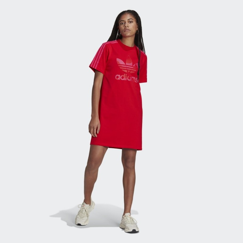 ⁦adidas Womens' Marimekko Trefoil Print Infill Tee Dress- تيشيرت طويل اديداس للنساء لون أحمر⁩ - الصورة ⁦1⁩