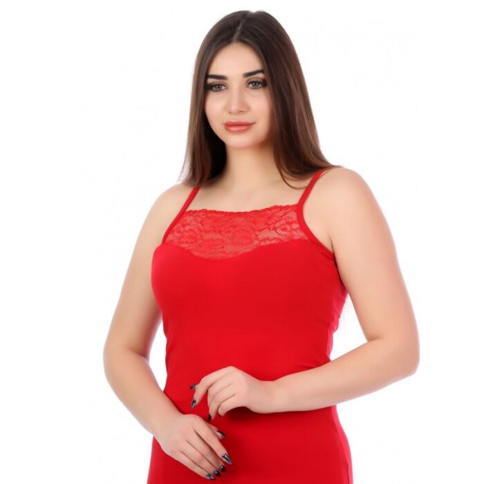 ⁦شباح قطن دانتيل ستاتي لون أحمر⁩ - الصورة ⁦2⁩