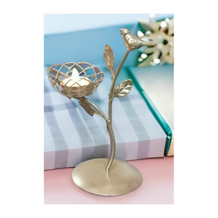 ⁦حامل شمعدان ثابت بتصميم عش الطيور لون ذهبي⁩ - الصورة ⁦2⁩