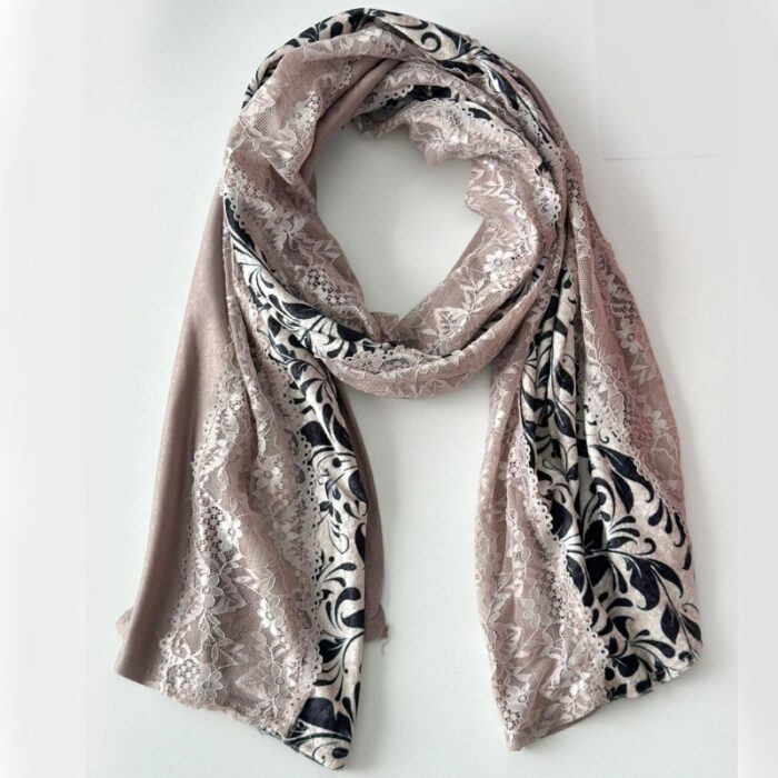 ⁦شال نسائي دانتيل وقماش مقاس 185×68 سم لون نهدي⁩ - الصورة ⁦4⁩