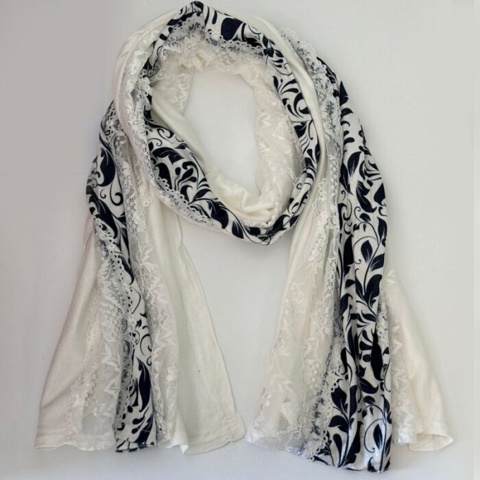 ⁦شال نسائي دانتيل وقماش مقاس 185×68 سم لون أبيض⁩ - الصورة ⁦4⁩