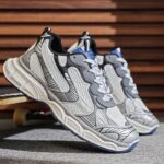 ⁦حذاء رياضي بتصميم شبكي ونعل سميك للرجال لون رمادي وأبيض- Fashion Mens Sneakers Breathable Running Shoes⁩ - الصورة ⁦7⁩