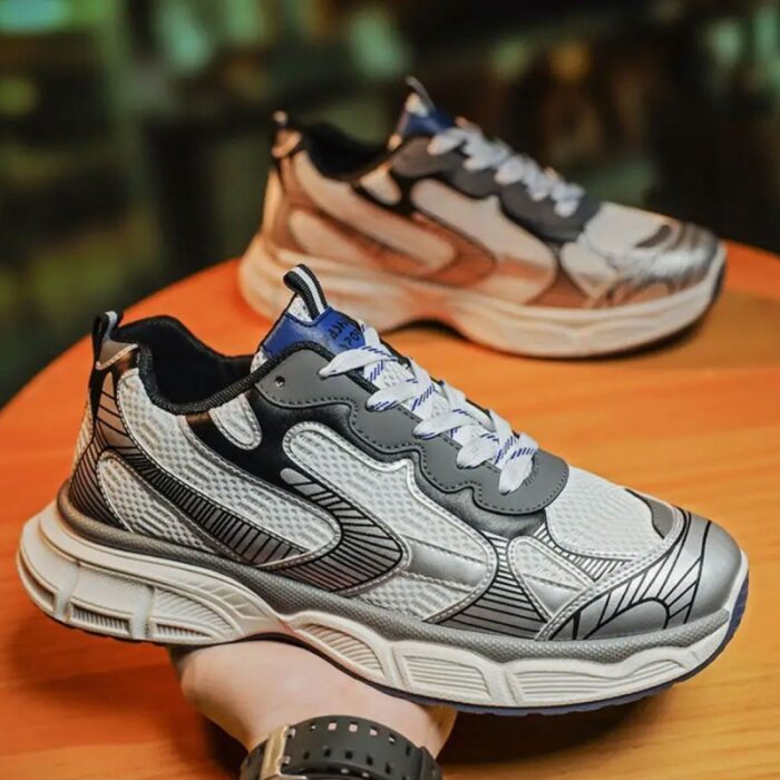 ⁦حذاء رياضي بتصميم شبكي ونعل سميك للرجال لون رمادي وأبيض- Fashion Mens Sneakers Breathable Running Shoes⁩ - الصورة ⁦9⁩