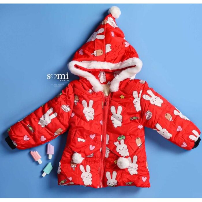 10328148_67db8d7a36f91 سترة مبطنة فرو للأطفال لون أحمر برسومات أرنب - الصورة 1