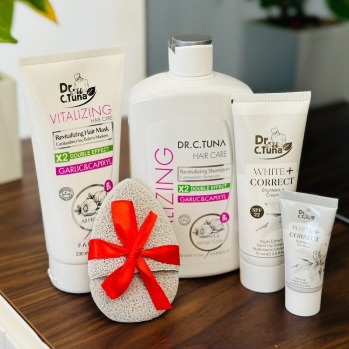 10328605_67db8f15b439b بكج العناية بالشعر والوجه من فارمسي (شامبو بالثوم + ماسك بالثوم + كريم تفتيح البشرة + كريم تفتيح تحت العين + اسفنجة تنظيف البشرة من فارمسي لون سكني ) - الصورة 1