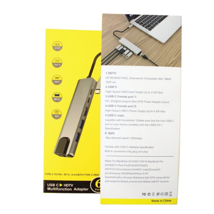 ⁦موزع بـ6 منافذ لون رمادي - USB Type C Multifunction 6 Port Adapter 6in1-BK⁩ - الصورة ⁦3⁩