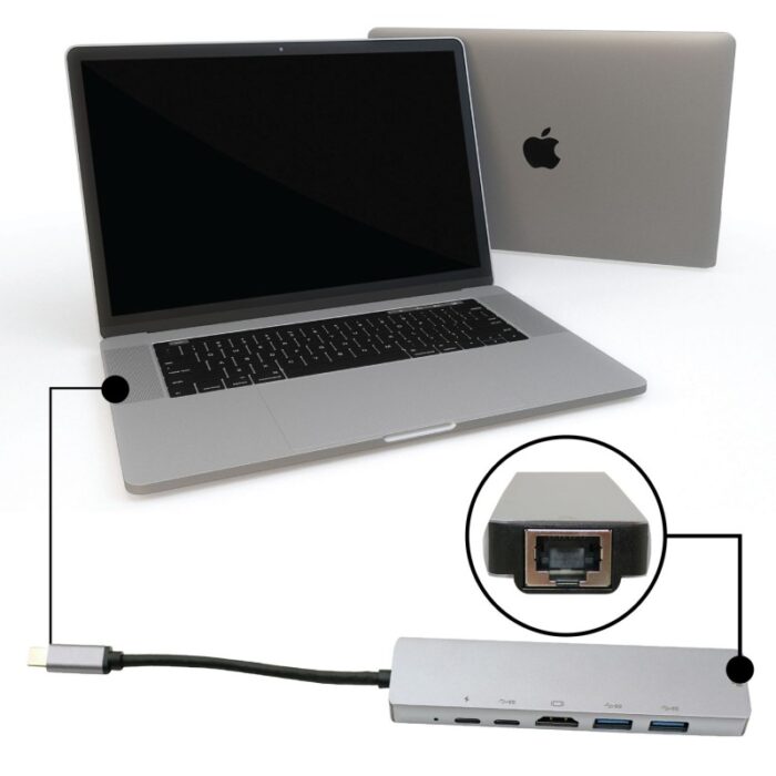 ⁦موزع بـ6 منافذ لون رمادي - USB Type C Multifunction 6 Port Adapter 6in1-BK⁩ - الصورة ⁦4⁩