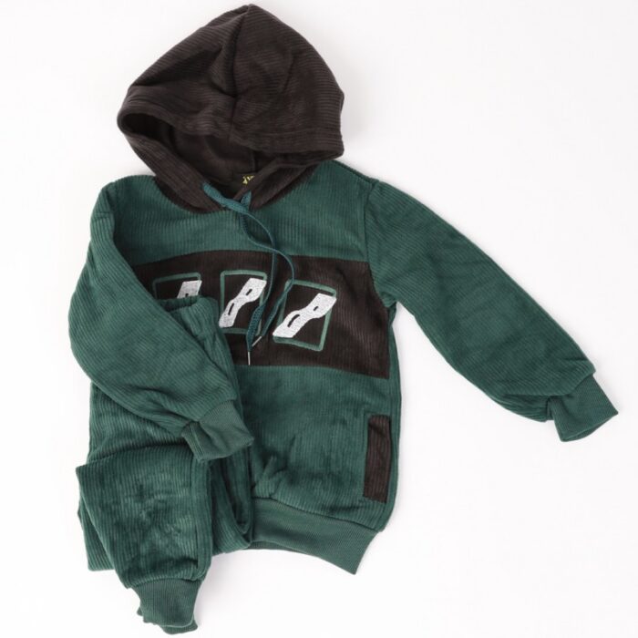 ⁦بجامه ولادي كوردي مقلم مع طاقية لون أخضر غامق⁩ - الصورة ⁦2⁩