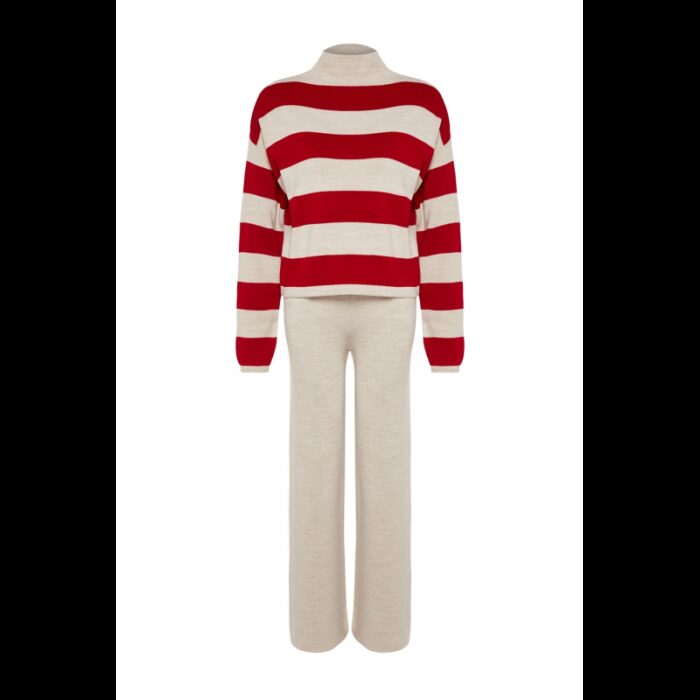 ⁦طقم تركي بنطلون وبلوزة مخططة  للنساء لون أحمر وبيج⁩ - الصورة ⁦6⁩