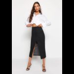 ⁦تنورة طويلة تركي ماكسي بخصر مرتفع للنساء لون أسود⁩ - الصورة ⁦3⁩