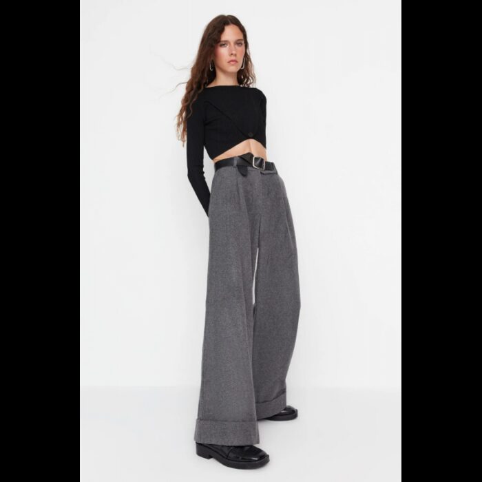 ⁦بنطلون واسع الساق وخصر عالي  للنساء لون رمادي⁩ - الصورة ⁦2⁩