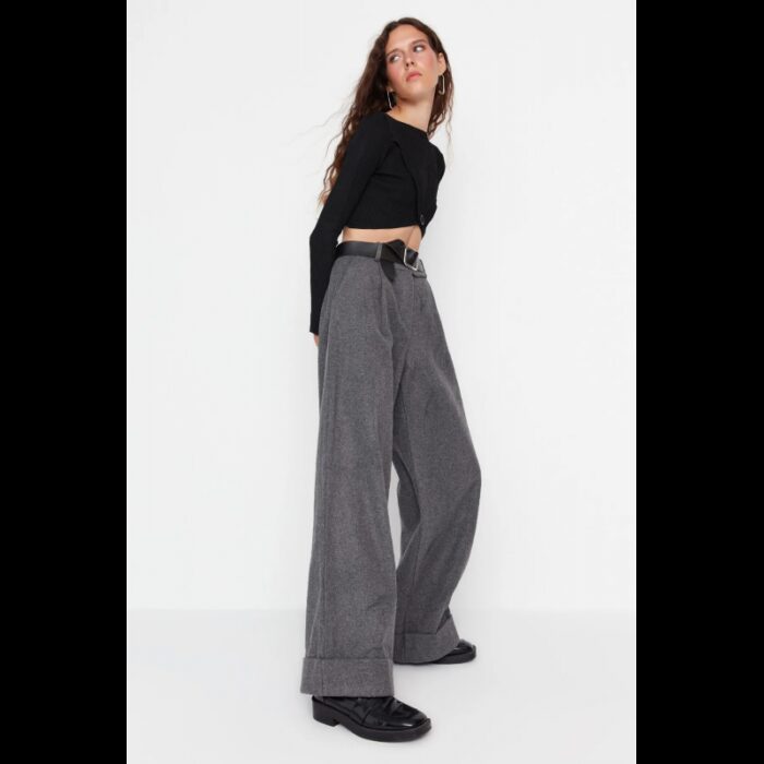 ⁦بنطلون واسع الساق وخصر عالي  للنساء لون رمادي⁩ - الصورة ⁦3⁩