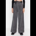 ⁦بنطلون واسع الساق وخصر عالي  للنساء لون رمادي⁩ - الصورة ⁦4⁩