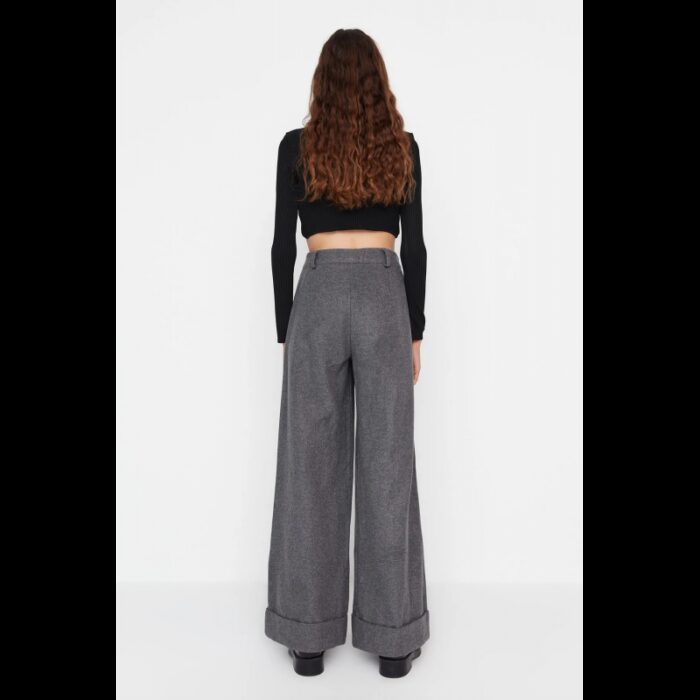 ⁦بنطلون واسع الساق وخصر عالي  للنساء لون رمادي⁩ - الصورة ⁦5⁩