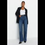 بنطلون تركي جينز ساق عريض بخصرعالي للنساء لون أزرق غامق