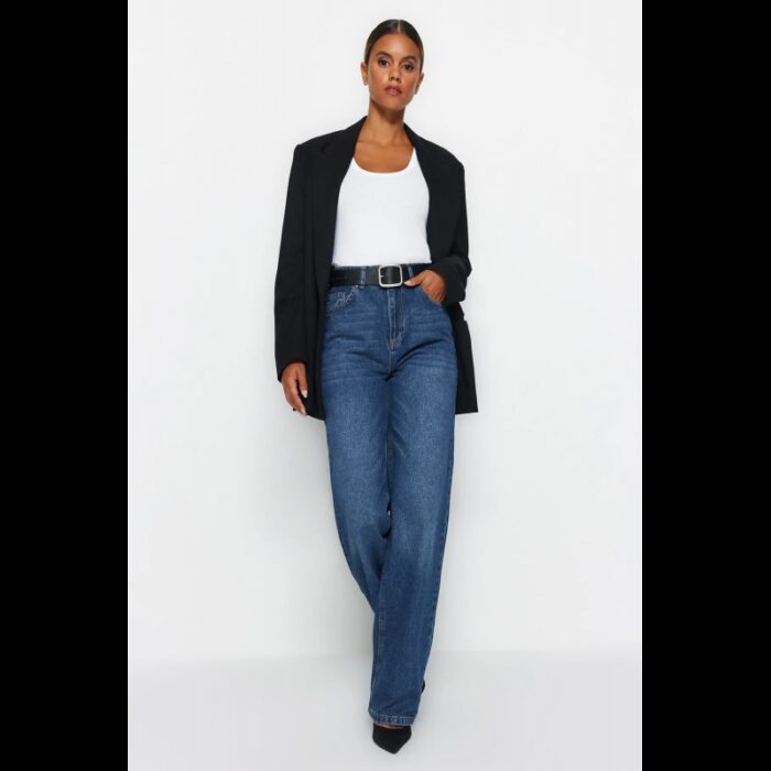 ⁦بنطلون تركي جينز ساق عريض بخصرعالي للنساء لون أزرق غامق⁩ - الصورة ⁦3⁩