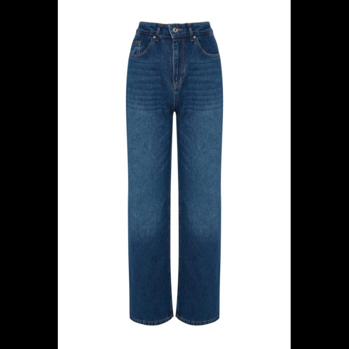 ⁦بنطلون تركي جينز ساق عريض بخصرعالي للنساء لون أزرق غامق⁩ - الصورة ⁦7⁩