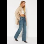 بنطلون جينز ساق عريض بخصر عالي  للنساء لون أزرق