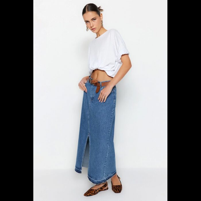 ⁦تنورة تركي دنيم ماكسي بفتحة للنساء لون أزرق⁩ - الصورة ⁦2⁩