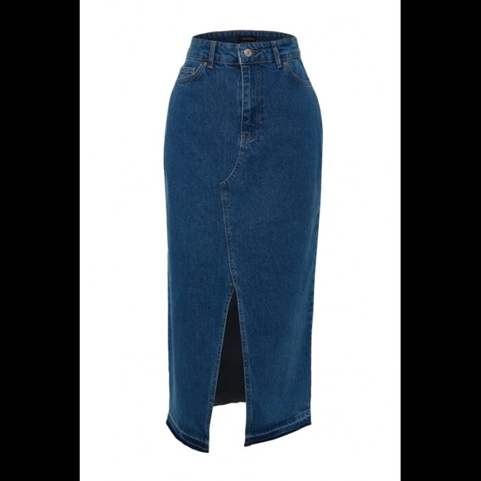 ⁦تنورة تركي دنيم ماكسي بفتحة للنساء لون أزرق⁩ - الصورة ⁦4⁩