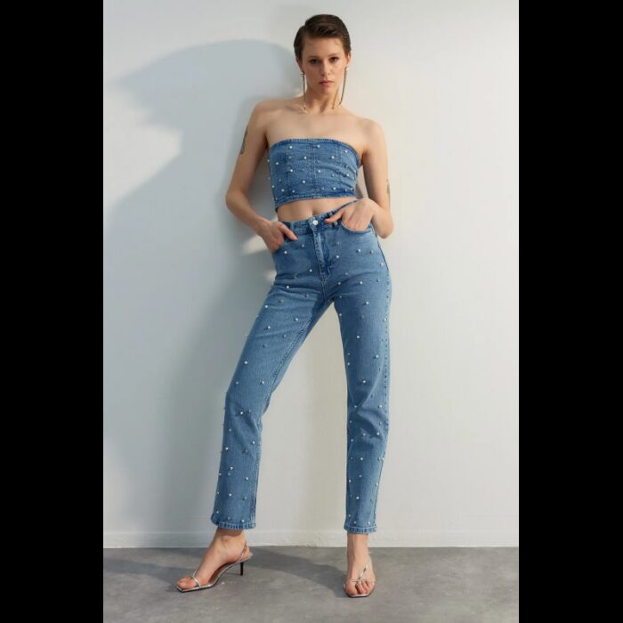 10329711_67db93b877610 بنطلون تركي جينز مستقيم عالي الخصر للنساء لون أزرق لؤلؤي - الصورة 1